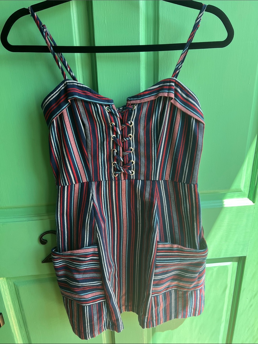 GB American Babe Striped Lace-Up Sundress in Navy, red & White - size Small-New